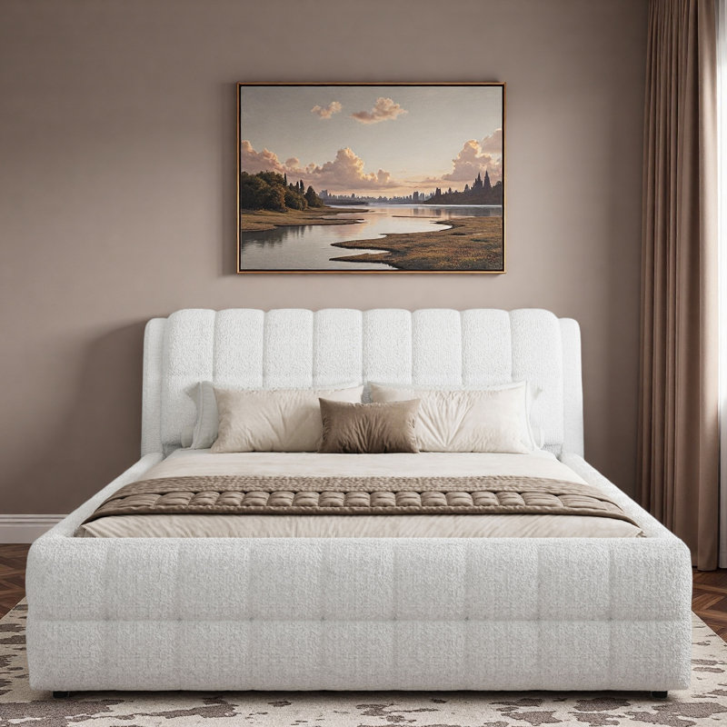 Lit plateforme tapissier avec tête de lit tapissier et pieds en métal, Blanc, Très grand lit