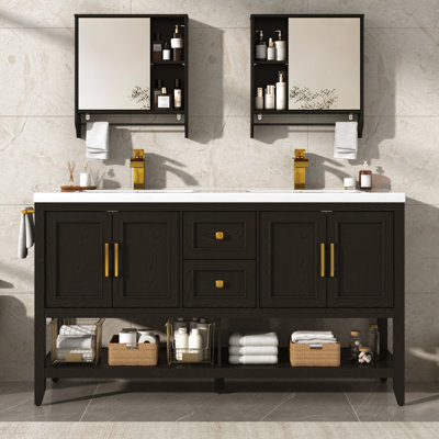 Meuble-lavabo 60 po avec lavabo supérieur, 2 armoires à miroir, 2 robinets et 2 bonde escamotable