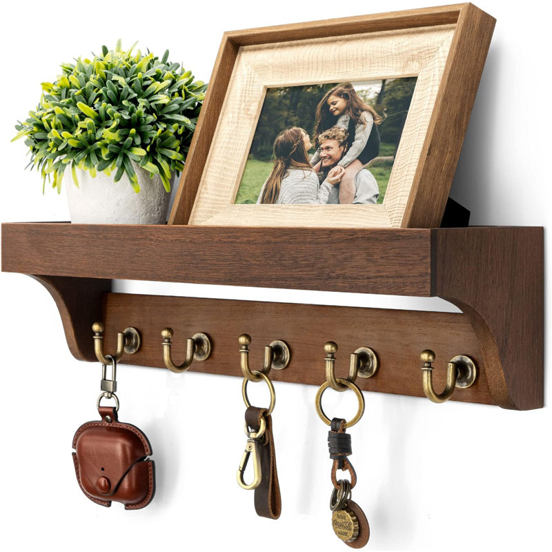 Solid Wood Wall Organizer with Key Hooks, Retro Brown