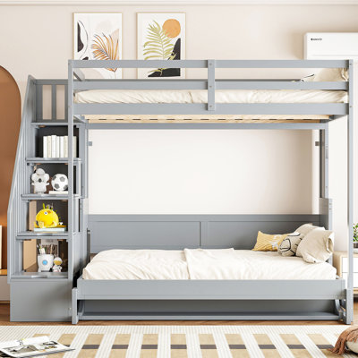 Full Over Gray Bed With Advanced Hydraulic Mechanism, Hidden Workspace, And Built - In Cabinets. Suitable For Limited Living Areas System, Foldable Bunk Bed, Desk. A Space Saving Option Homes