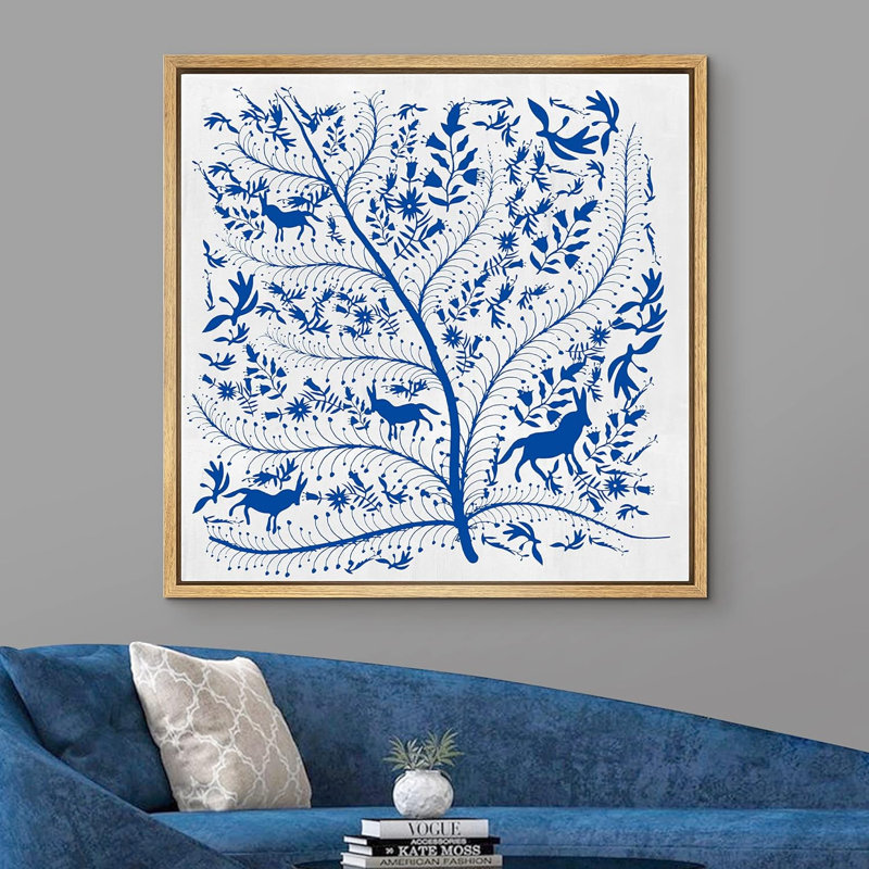Collage d'une fougère bleue, d'une marguerite et d'un chien, impression sur toile, H 16 po x l 16 po