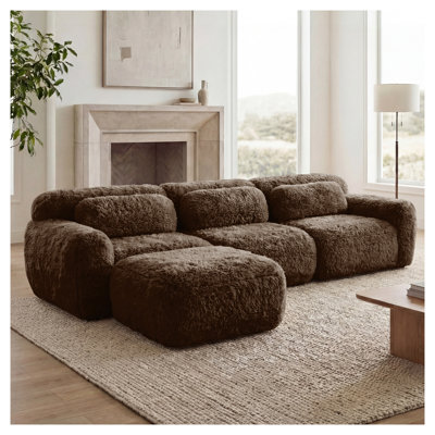 Canapé modulaire en L moelleux chocolat brun avec repose-pieds mobile, aucun assemblage requis pour le salon