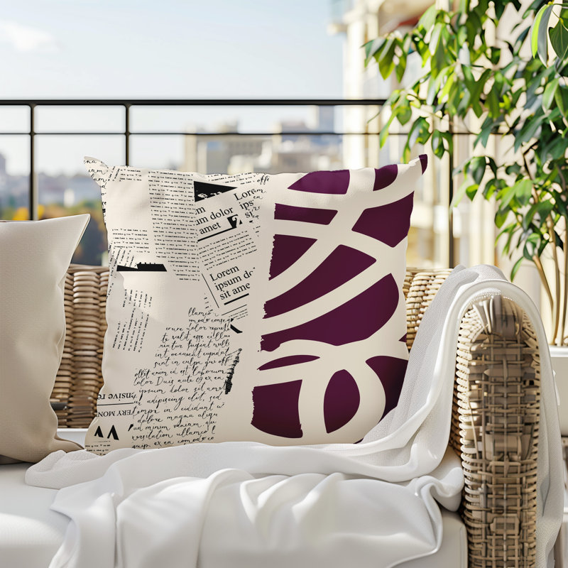 Oreiller carré réversible intérieur / extérieur Vaya, H 15 po x l 15 po, Mauve / noir / blanc cassé abstrait