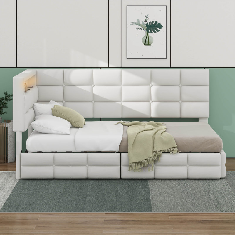 Upholstered Twin Size Daybed With Storage 2 Drawers And LED Lights, Beige