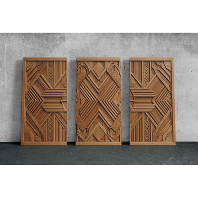 Art Deco Canvas Print, Geometric Faux Wood Carving Wall Art, 3 Piece Triptych Set, Abstract Architectural Decor, Vintage 1920s Style, Painting Reproduction