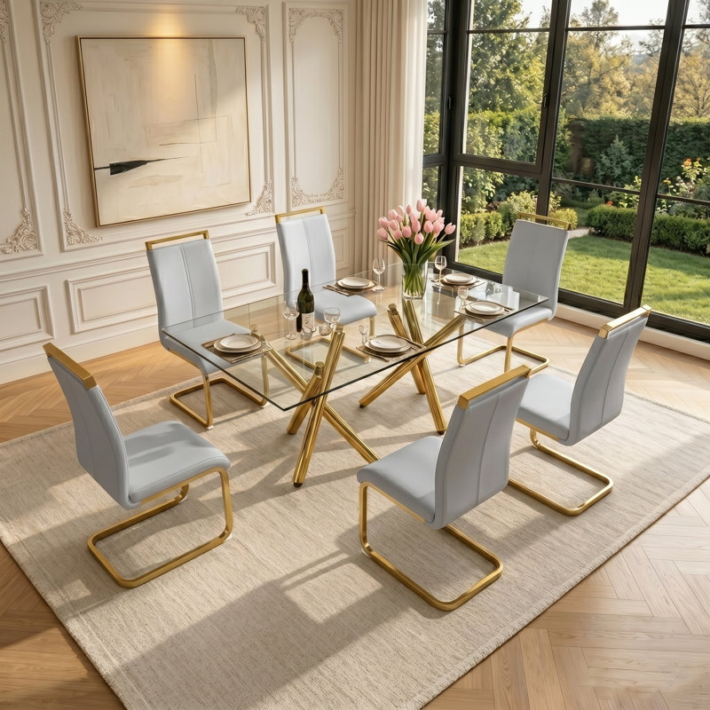 7-Piece Modern Glam Tempered Glass Dining Set with Gold X-Base and Faux Leather Cantilever Chairs, Light Gray/Gold, Gold