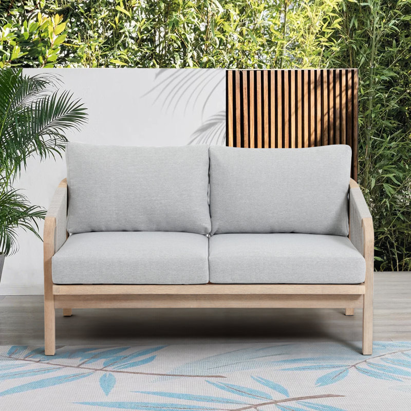 Causeuse d'extérieur en bois d'acacia avec coussins Mariliva, Coussin gris / structure en bois naturel