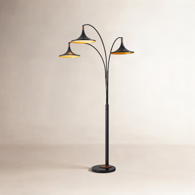 Lampe sur pied à arc 3 lumières Lodi - noir mat, noyer, feuille d'or, base en marbre, gradateur