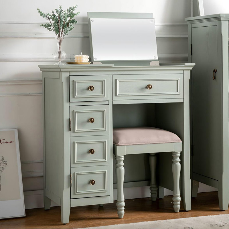 Coiffeuse vintage en bois massif vert avec miroir rabattable