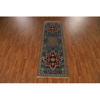 Light Blue Traditional Indian Runner Rug 3x8