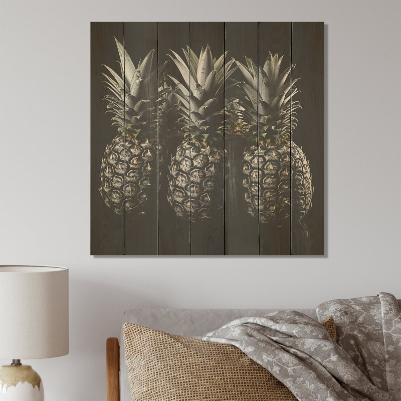 Ananas foncé sur fond gris anthracite II - ananas sur bois, H 15 po x l 15 po