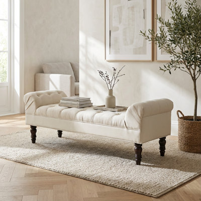 Large Button-Tufted Upholstered Ottoman Bench with Rolled Arms and Solid Wood Legs