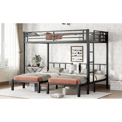Cadre en métal noir pour lit superposé simple et grand lit superposé triple amovible avec tablette de garde-corps pour le rangement et instructions d'assemblage incluses