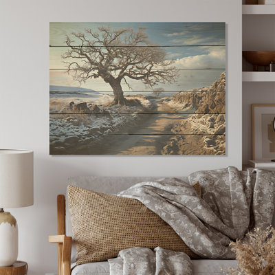 Paysage d'hiver de campagne - Art mural en bois campagne sur bois de pin naturel