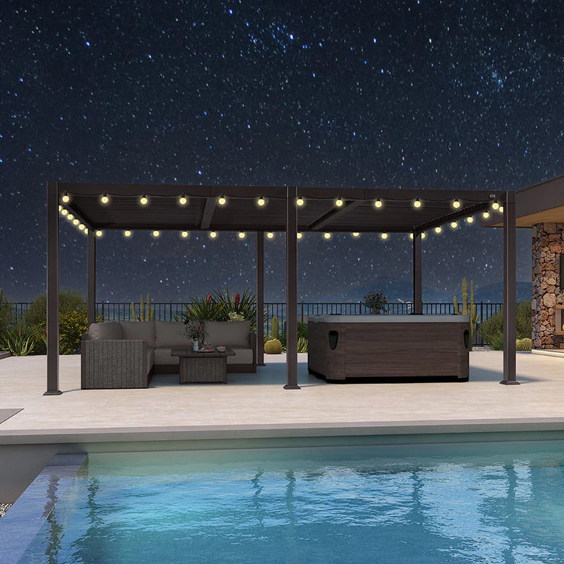 Purple Leaf Adjustable Roof Louvered Aluminum Pergola with String Lights, 92.58'' H x 209.84' W' x 137.2'' D