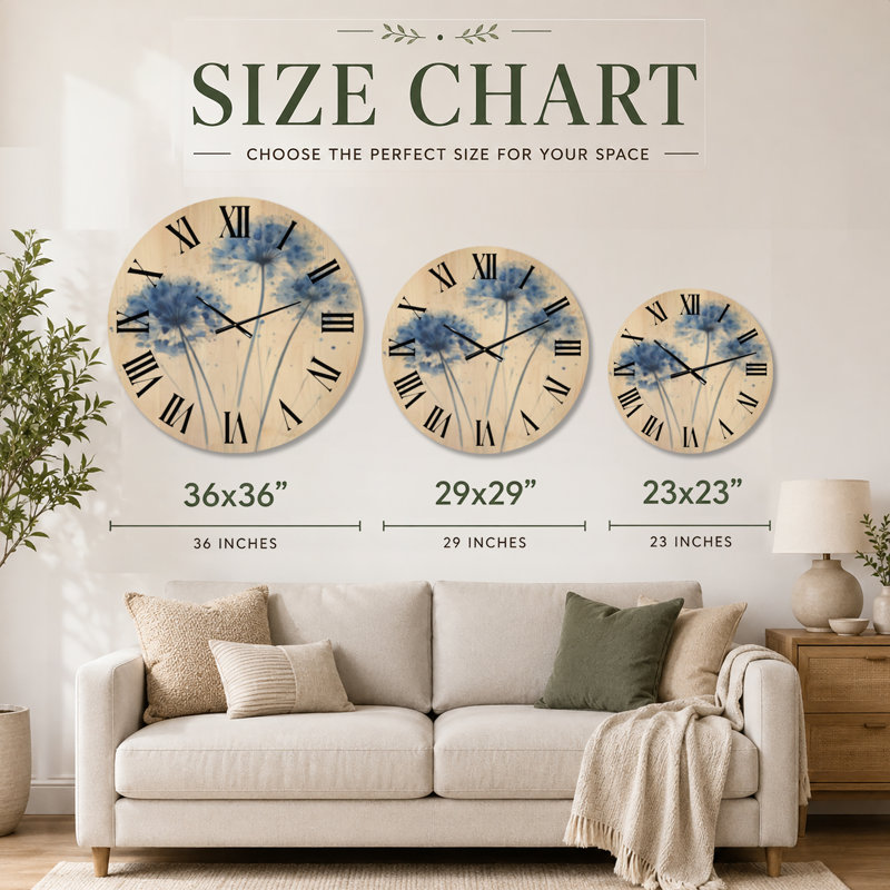 Horloge murale scandinave surdimensionnée en bois Blue Dandelion Wish, Très grand