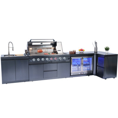 Barbecue de cuisine de 62 pouces à 6 brûleurs de 96 000 BTU de luxe en acier inoxydable pour barbecue avec îlot de cuisine + réfrigérateur à vin compact + rôtissoire + comptoirs en granite + armoires et tiroirs de rangement