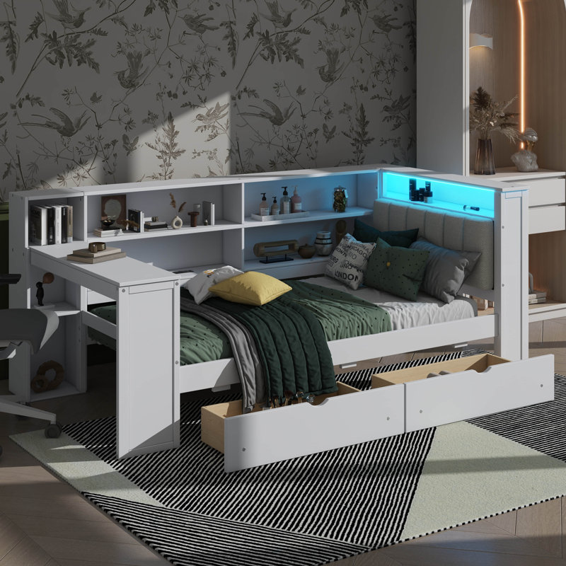 Streamlined Bed With Storage Racks, Drawers, Power Charging Outlet, LED Illumination, And Workstation, Beige, Twin