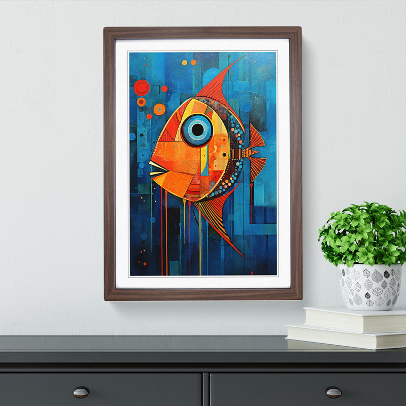 Fish Expressionism - Single Picture Frame Print on Wood, 34cm H x 25cm W x 2cm D, Walnut