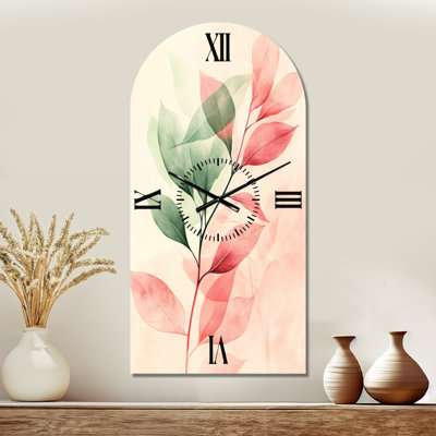 Horloge murale en métal à motif floral « Feuilles botaniques roses au printemps II »