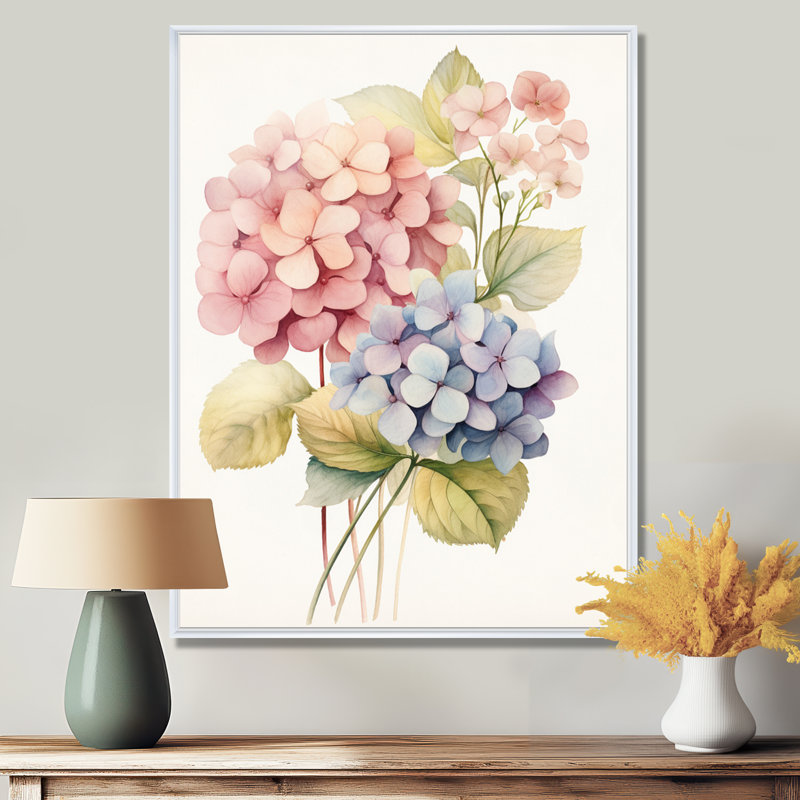 Rétro fleur d'hortensia rose et mauve - art mural hortensia, Cadre flottant blanc, bois massif, H 40 po x l 30 po