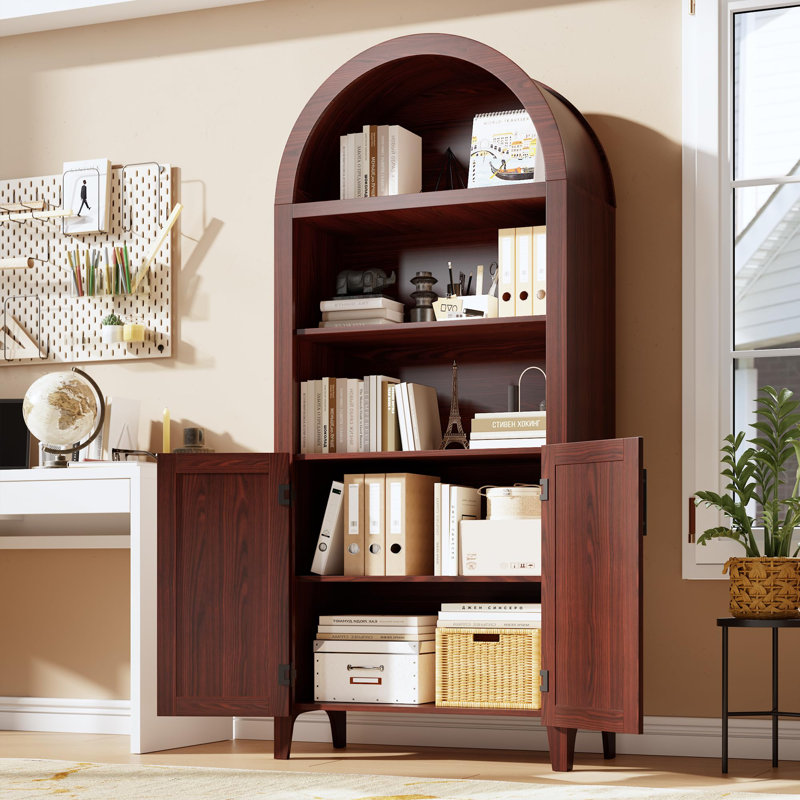 63" Arched Bookcase with Doors, 5-Tier Open Display Shelf & Storage Cabinet for Home Office, Walnut