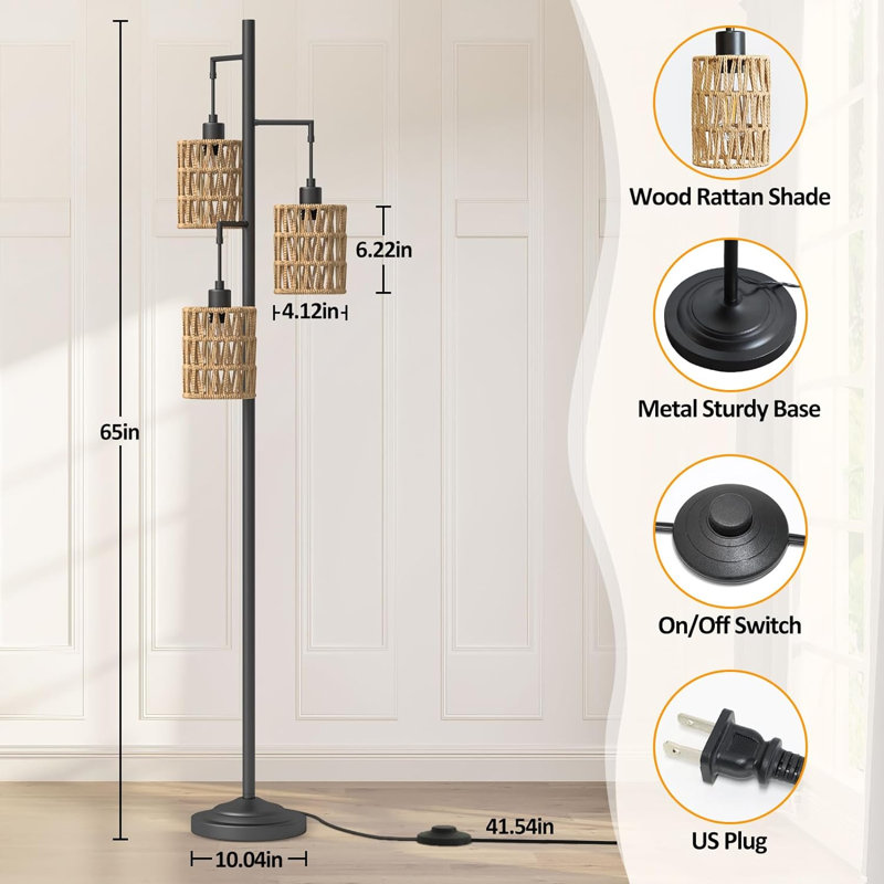 Boho 3-Light Rattan Floor Lamp - Tall Pole Standing Lamps With Shades, Foot Switch, Wood Frame, 3 Bulbs Included