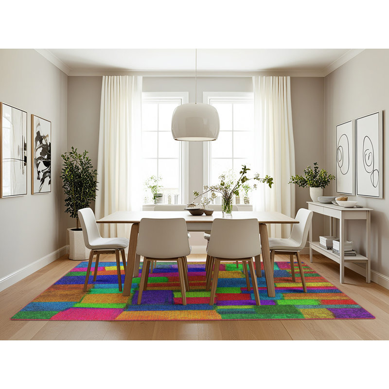 Orange abstrait/bleu/rose Tapis décoratif, Rectangle 7 pi x 10 pi