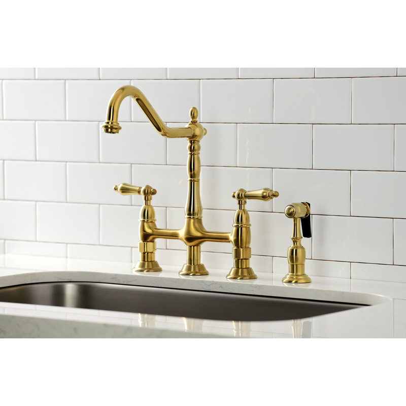 Kingston Brass Heritage Two-Handle 4-Hole Deck Mount Bridge Kitchen Faucet with Brass Side Sprayer, Satin Brass