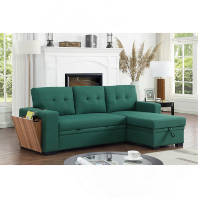 Green L - shaped Sofa with Wooden Accent