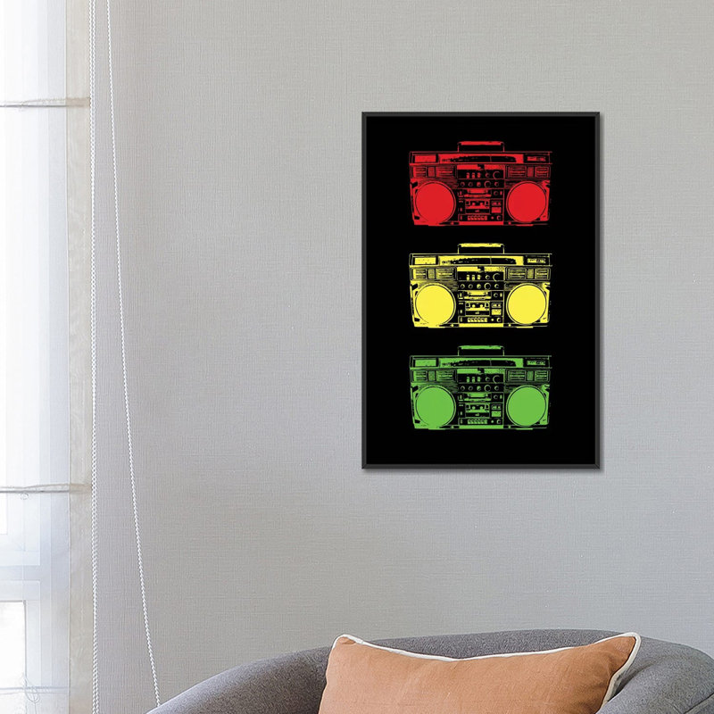 «Boom Box Cubed Rasta», impression sur toile, H 26 po x l 18 po x P 1,5 po, Toile avec cadre noir, Pas de tapis