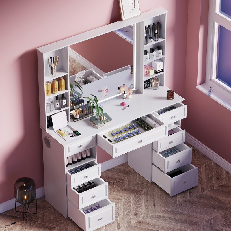 Modern Vanity Set With Lighted Mirror, Makeup Vanity Table With Facial Mask Box, European Style Dressing Table With Bluetooth Speaker, Vanity Makeup Desk With Wireless Charger (white-a)