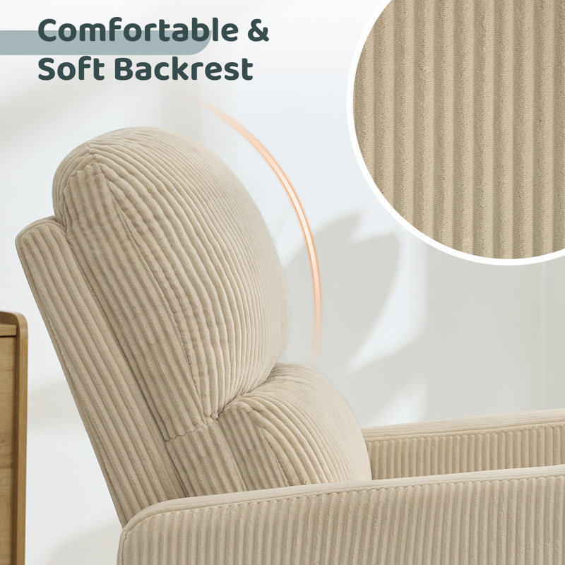 Reiby 36" Upholstered Corduroy Swivel Rocker Glider Recliner with Wider Armrest and Double Pocket, 360" Swivel Nursery Glider Recliner