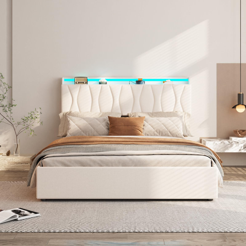 Lit plateforme tapissier Helmgard, Blanc, Très grand