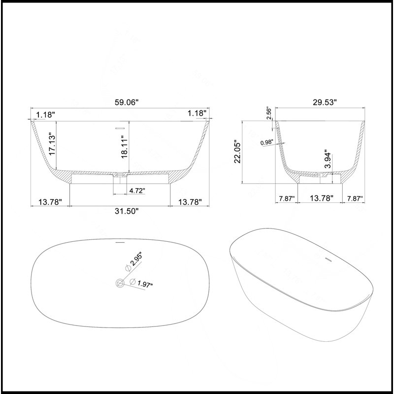 Baignoire de trempage autoportante de 59 pouces en blanc mat, durable et facile à entretenir