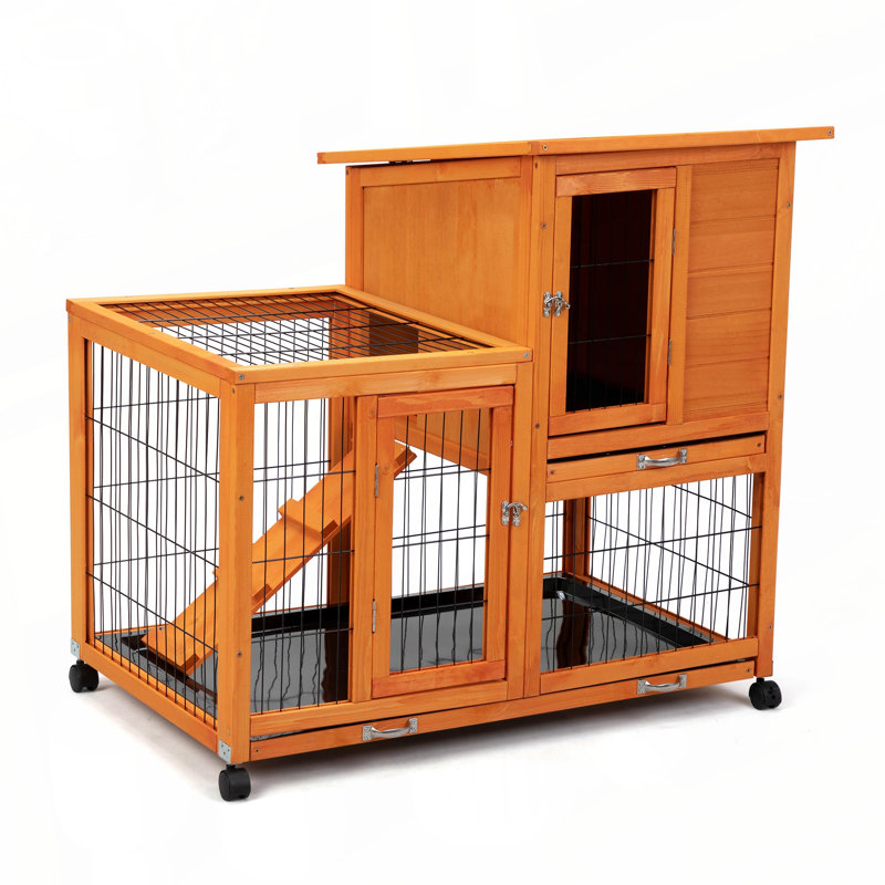 Cage à lapin amovible avec plateau amovible et roulettes, orange