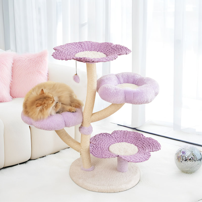 Modern Purple Woven Flower 37.4'' Cat Tree – with Cat Scratching Post, Cat Tower & Furniture for Small and Large Cats