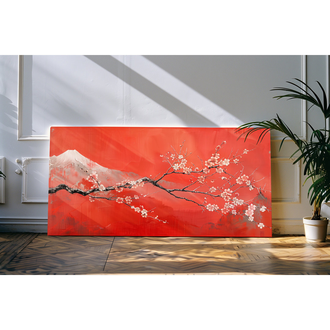 Gerahmtes Bild auf Leinwand 120x60cm Fuji Berg Japan Baumblüten Kunstvoll Rot Schneegipfel