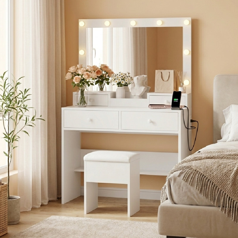 Makeup Vanity With Lighted Mirror Charging Station & Storage Stool
