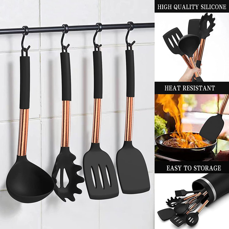 Ensemble d'ustensiles de cuisine en silicone 14 pièces, Noir