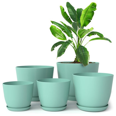 Indoor Plant Pots with Drainage - 5 Pack Plastic Planters in 7/6.6/6/5.3/4.8 Inches - Perfect for Home Christmas Decorations or Stocking Stuffers