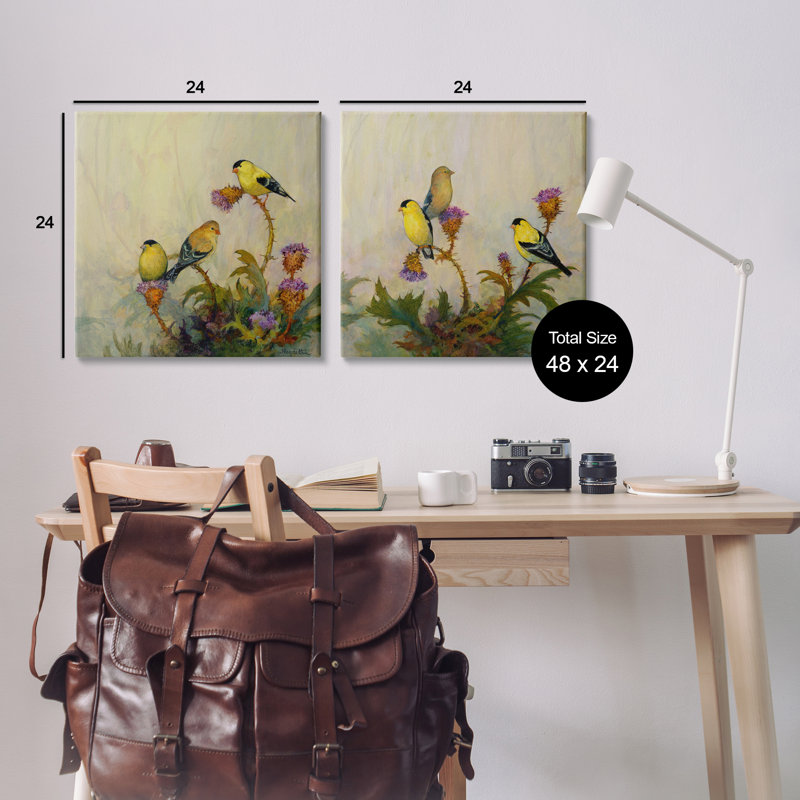 American Goldfinches, ensemble de 2 toiles perchées, par Floy Zittin, H 24 po x l 48 po