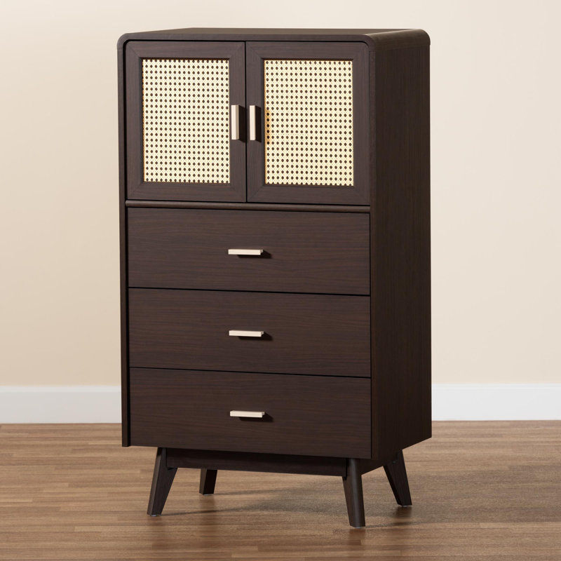Giancarlo Espresso Brown 3-Drawer Wood Storage Chest with Rattan Doors