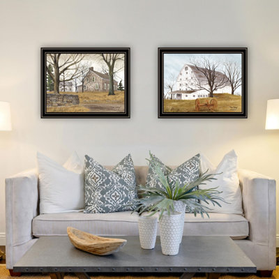 Trendy Decor 4U 2- Piece Vignette Stone Cottage Farmhouse & White Wooden Barn With Hay Rake Black Framed Wall Art For Living Room, Bedroom Wall Art Print For Home Decor By Billy Jacobs