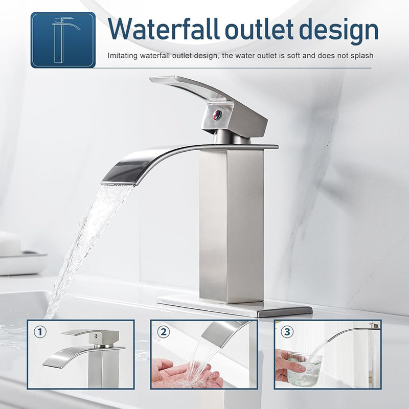 Robinet de lavabo de salle de bain à poignée simple avec drain escamotable en métal, finition nickel brossé