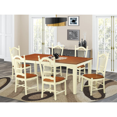 7 Piece Kitchen Table & Chairs Set Consist of a Rectangle Dining Room Table with Butterfly Leaf and 6 Solid Wood Seat Chairs, Buttermilk & Cherry