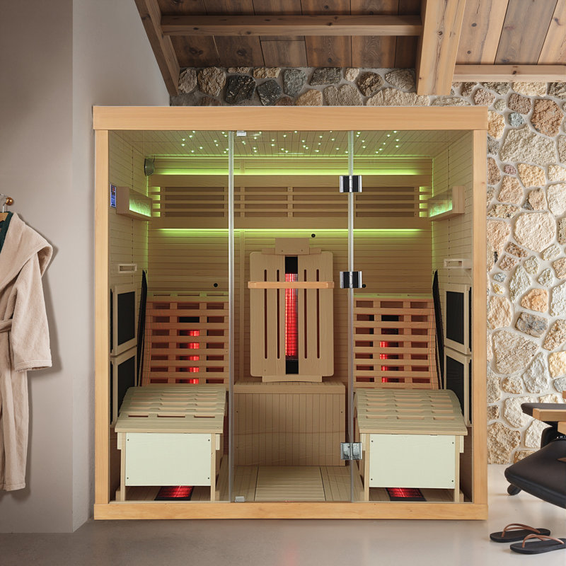 2-Person Infrared Sauna with Recliner – Luxurious Indoor Wooden Sauna Featuring 9 Heating Tubes, 5 Carbon Panels, 7-Color Starry Ceiling, 2-in-1 Door Handle, and Himalayan Salt Brick, 220V