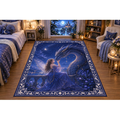 Tapis « Ultra Fin » 152 x 213 cm (5 pi x 7 pi) à motif de fée lunaire et de dragon enlacé, idéal pour la chambre, le salon et le bureau à domicile. Moquette douce à poils courts avec envers antidérapant en silicone.