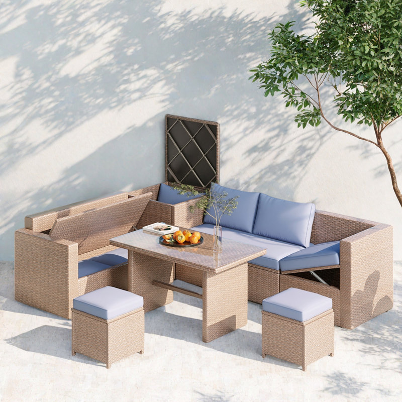 6-piece All Weather Pe Rattan Sofa Set With Adjustable Seat, Storage Box, Removable Covers And Tempered Glass Top Table