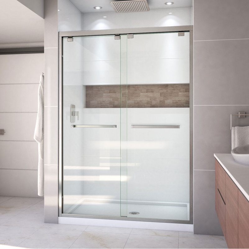 Encore 54" W x 32" D x 78.75" H Semi-Frameless Sliding Shower Door with Base Included, Brushed Nickel/White, Center